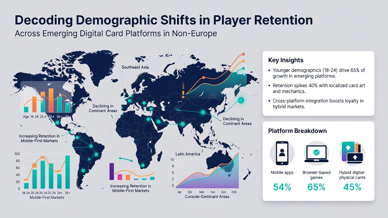 Illustratie van diverse spelersgroepen die digitale kaartspellen gebruiken op mobiele apparaten in niet-Europese markten