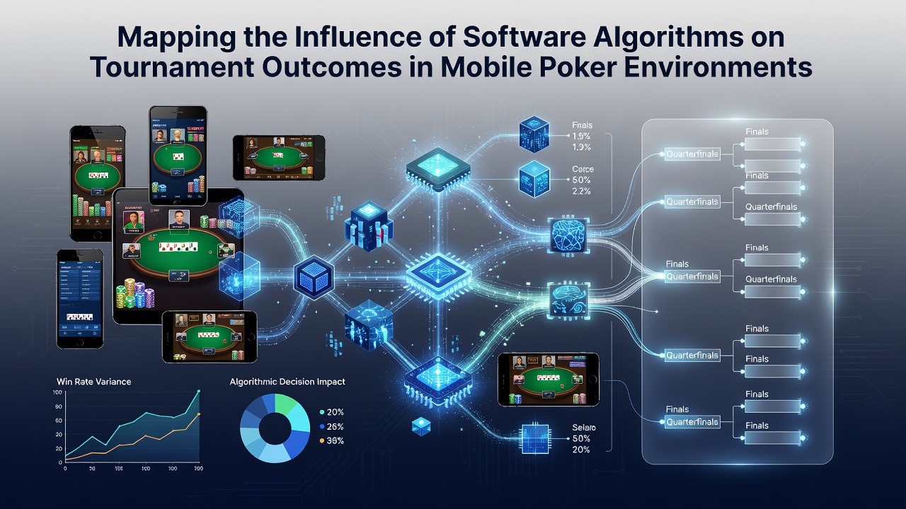 Grafiek die de impact van algoritmen op poker toernooien illustreert met mobiele interface voorbeelden